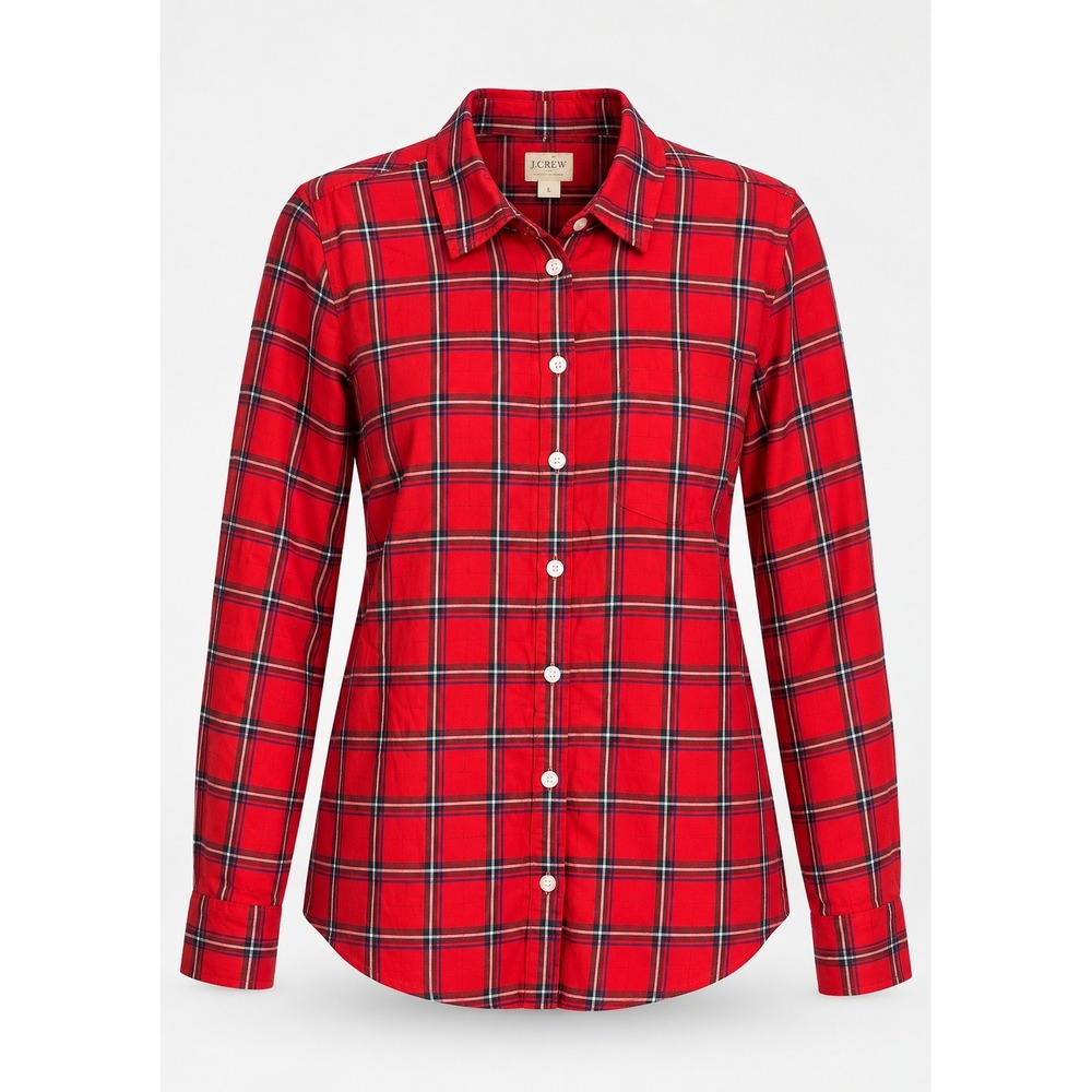 J.Crew Boy Fit Plaid Button Down Shirt Large Red Cotton Stewart Tartan Long Slv